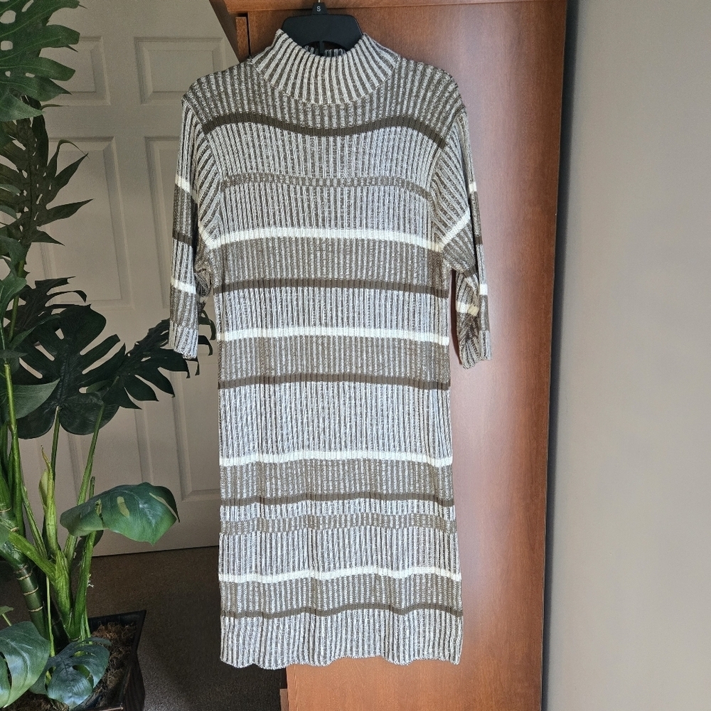 Jennifer Lauren Striped Green/Brown and White Knit Short Sleeve Sweater Dress